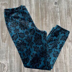 Chicos Zenergy Pants 1P Petite 8/10 Blue Black Velour Damask Print Slim Ankle